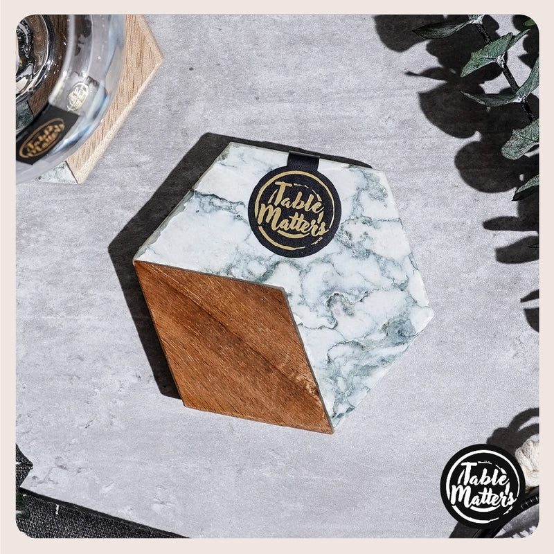 Table Matters - SCANDI - Lotus Green Marble Wood Hexagon Coaster