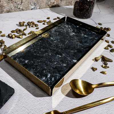 (Buy 1 Free 1) Table Matters - SCANDI - Black Marble Tray with Gold Rim