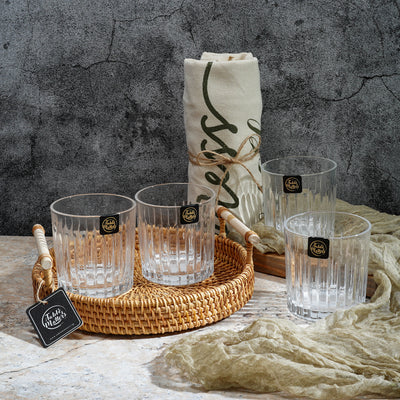 Table Matters - Bundle Deal For 4 - Taikyu Line Whiskey Glasses & Rattan Serving Tray Set