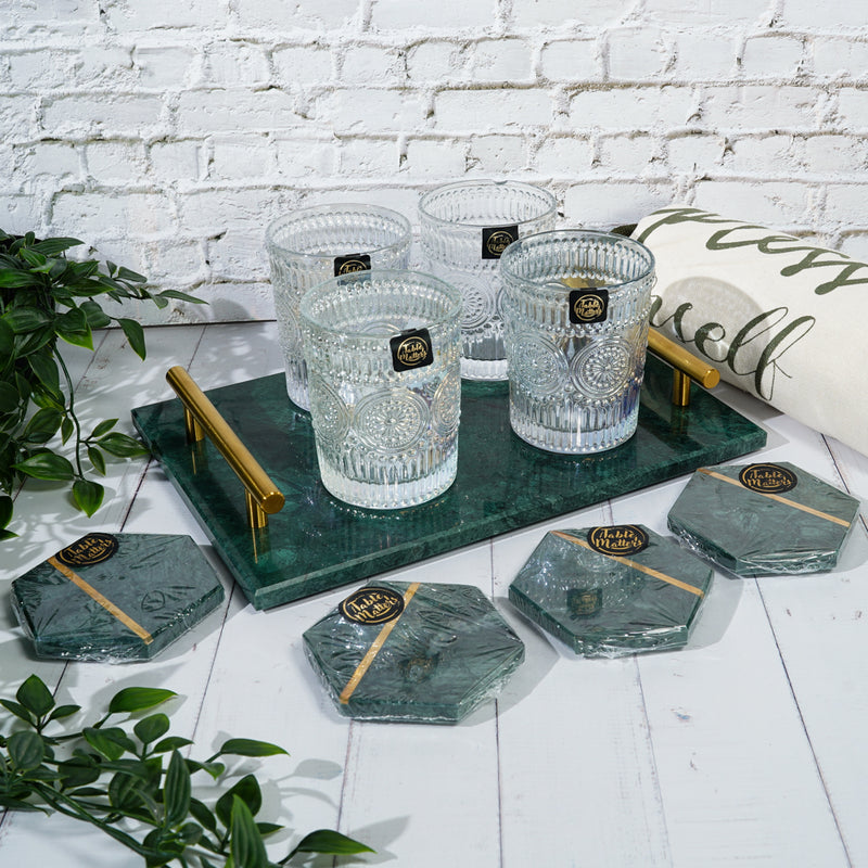 Table Matters - Bundle Deal for 4 - Turquoise Marble & Pearl Lace Drinking Glass 9PCS Drinkware Set