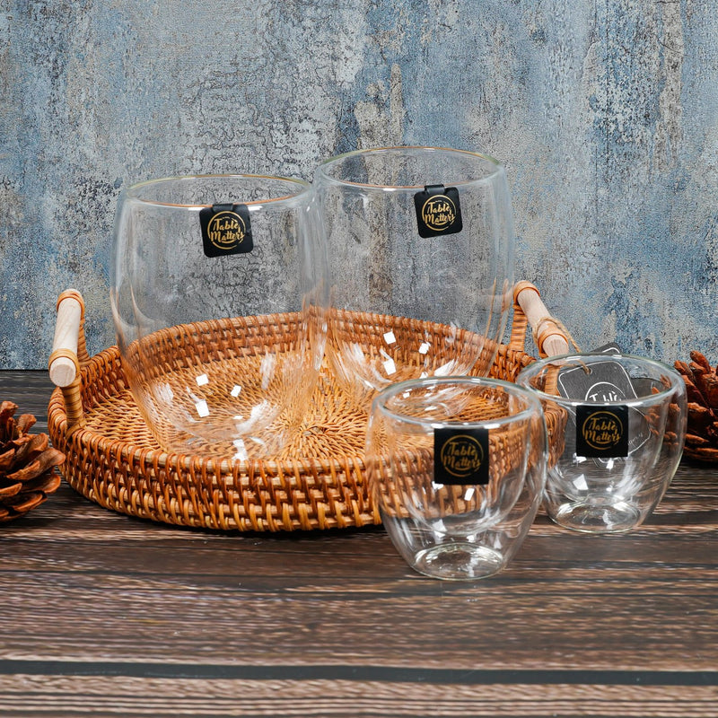 Table Matters - Bundle Deal For 2 - Double Wall Coffee Glass with Rattan Serving Tray 5PCS Set