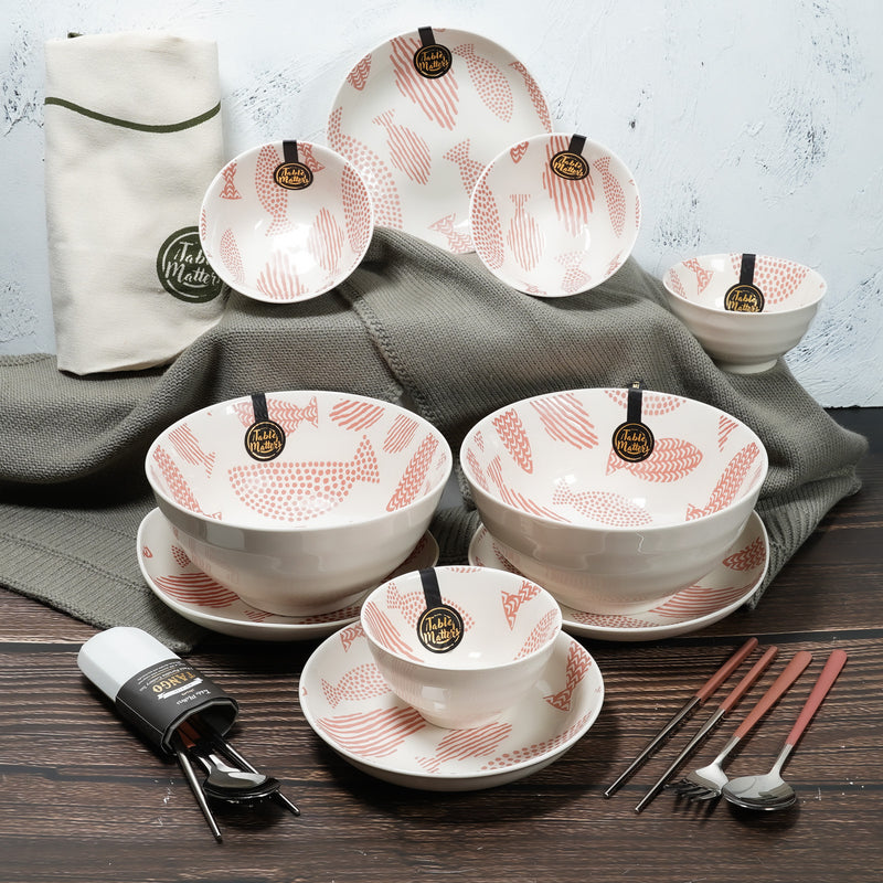 Table Matters - Bundle Deal For 2 - Fishes Pink Hand Painted 16PCS Dining Set