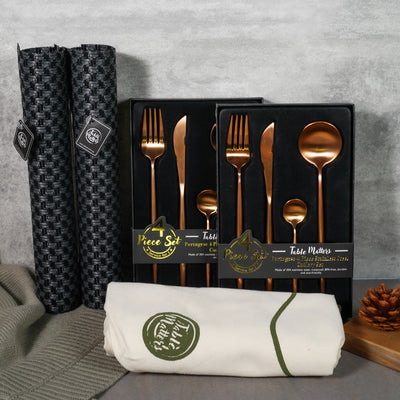Table Matters - Bundle Deal for 2 - Portugese 4PC Stainless Steel Cutlery Set (Rose Gold) & Modern Black Woven Placemats