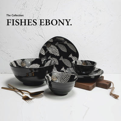 Table Matters - Bundle Deal For 2 - Fishes Ebony Hand Painted 16PCS Dining Set