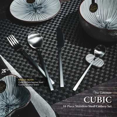 Table Matters - Bundle Deal for 4 - Cubic 16PC Stainless Steel Cutlery Set (Matt Silver) & Modern Black Woven Placemats