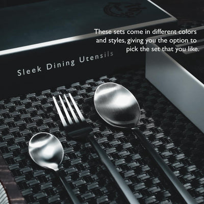 Table Matters - Bundle Deal for 4 - Cubic 16PC Stainless Steel Cutlery Set (Matt Silver) & Modern Black Woven Placemats
