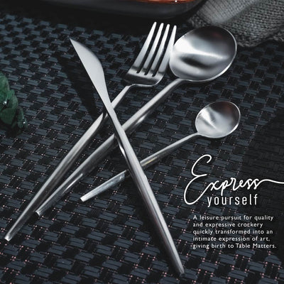 Table Matters - Bundle Deal for 2 - Portugese 4PC Stainless Steel Cutlery Set (Matt Silver) & Modern Black Woven Placemats
