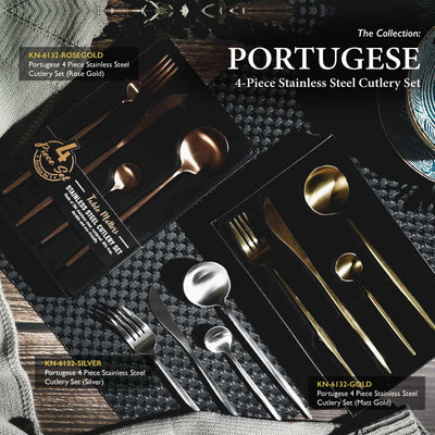 Table Matters - Bundle Deal for 2 - Portugese 4PC Stainless Steel Cutlery Set (Matt Gold) & Modern Black Woven Placemats