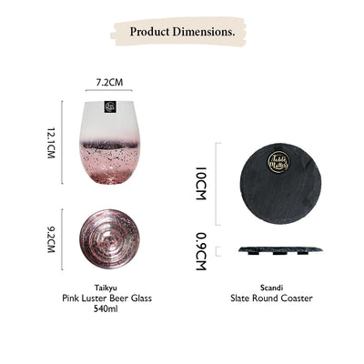 Table Matters - Bundle Deal - Taikyu Pink Luster Beer Glass - Set of 4 - 540ml + SCANDI Slate Round Coaster - Set of 4