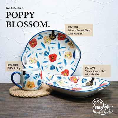 Table Matters - Poppy Blossom - Hand Painted 9 inch Square Plate with Handles