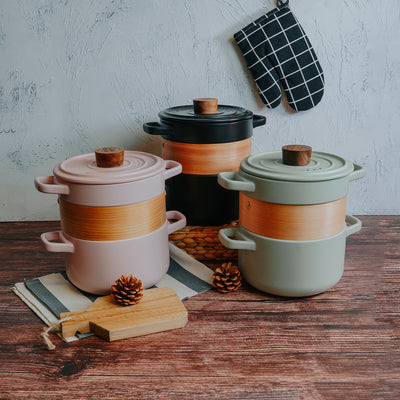Table Matters - Vintage 3 in 1 Multi Tiered Ceramic Cook (Steam) Pot - Large (Pastel Black)