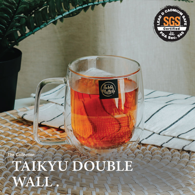 Table Matters - Bundle Deal For 2 - Double Wall Coffee Glass with Rattan Serving Tray 5PCS Set