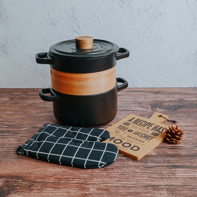Table Matters - Vintage 3 in 1 Multi Tiered Ceramic Cook (Steam) Pot - Large (Pastel Black)