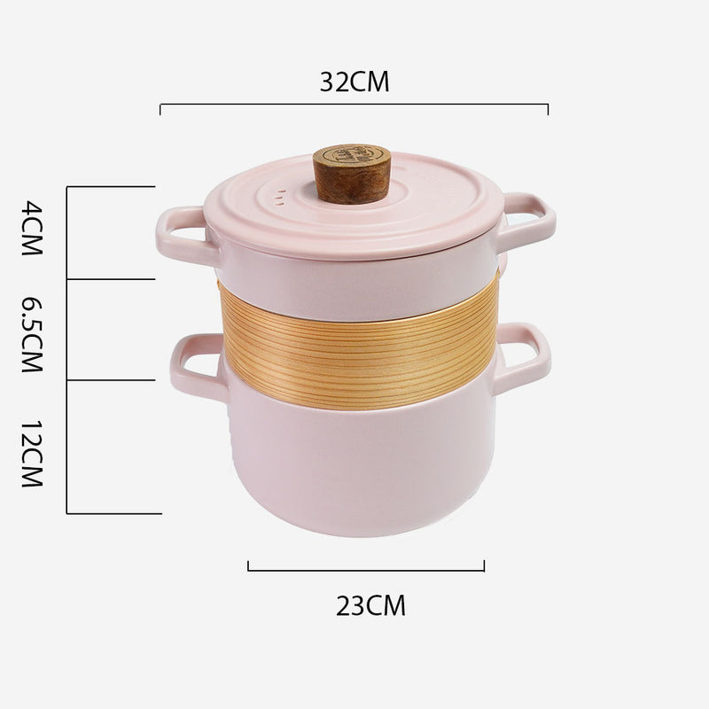 Table Matters - Vintage 3 in 1 Multi Tiered Ceramic Cook (Steam) Pot - Large (Pastel Pink)